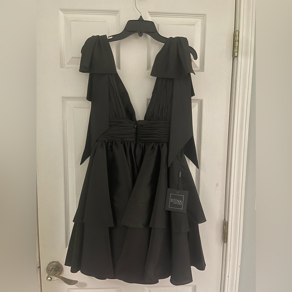 Black Oversized Bow Deep V Ruffle Mini Dress - Picture 4 of 9